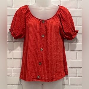W5 spicy orange Textured Blouse Size M Puff Sleeve Button Front Boho Top